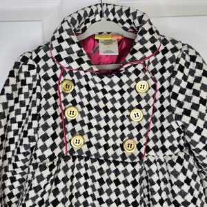 Penelope Mack Girls Black Cream Checkered Pea Coat Fuschia Pink Accents Size 4